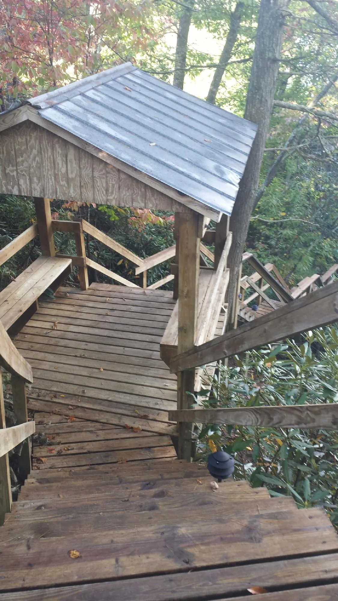 Metal roofed shelter over wooden steps on a wooded walkway — Skylight Repair & Installation work by our crew in Olanta